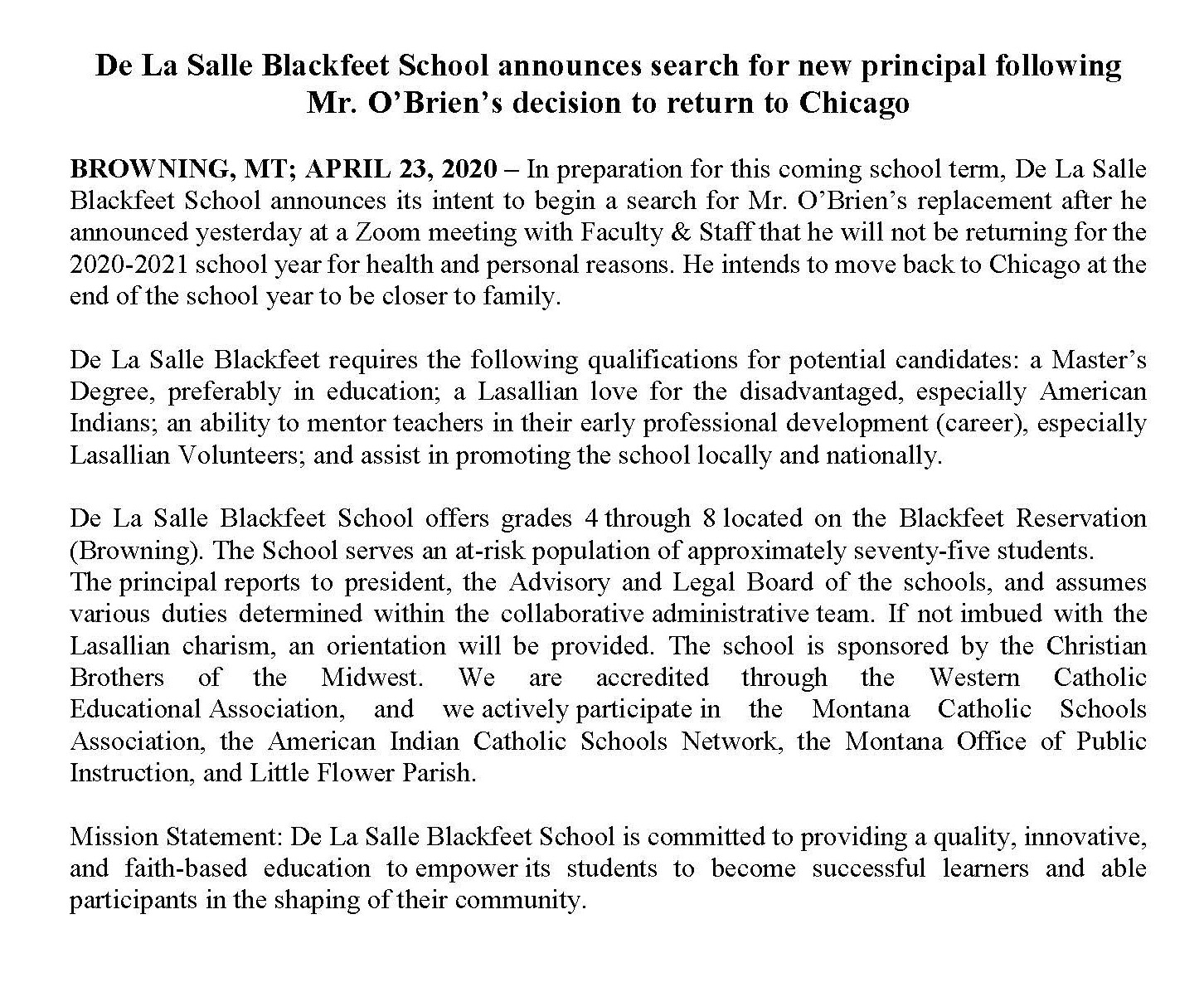 Lasallian Principal Position April 2020 Page 2